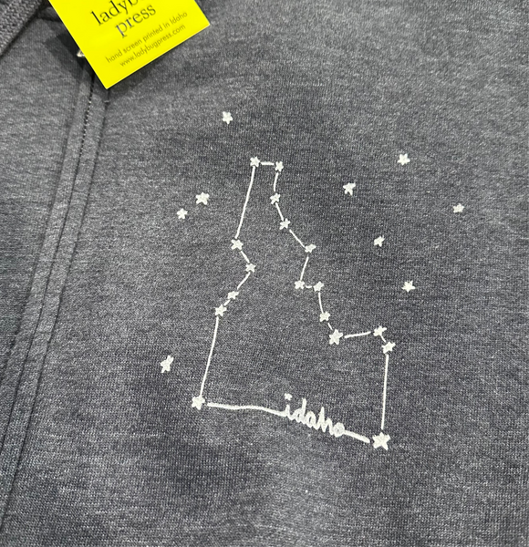 Idaho Constellation Zip Up Hoodie, Adult Sizes. Eco Friendly Waterbased Inks