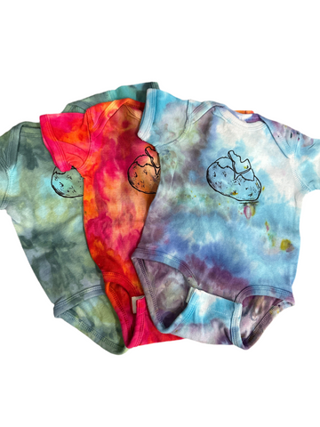 Ice dyed Spud onesie, eco-friendly waterbased inks