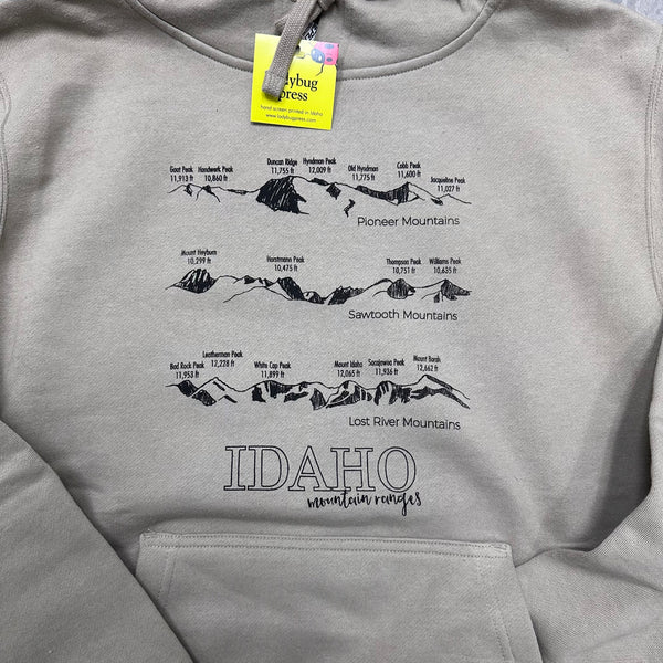 Idaho Mountain Ranges Hoodie, Cement/Tan Color Screen Printed, Eco Friendly Ink