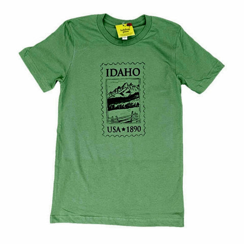 Idaho Stamp Green T-shirt, Adult Sizes, Eco Friendly Waterbased Inks