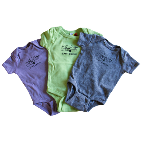 Happy Camper Onesie, Eco-friendly Water-based Inks Assorted Colors