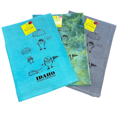 Dyed Idaho Potato Trooper Tea Towel, Hand drawn and Screen Printed flour sack towel