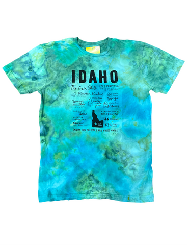 Ice Dyed Idaho Facts T-shirt, screen printed with eco-friendly waterbased inks, Adult sizes