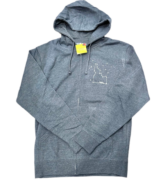 Idaho Constellation Zip Up Hoodie, Adult Sizes. Eco Friendly Waterbased Inks