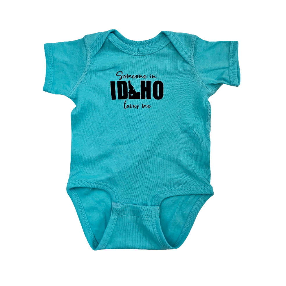 Someone in Idaho Loves Me Aqua Onesie, eco-friendly waterbased inks