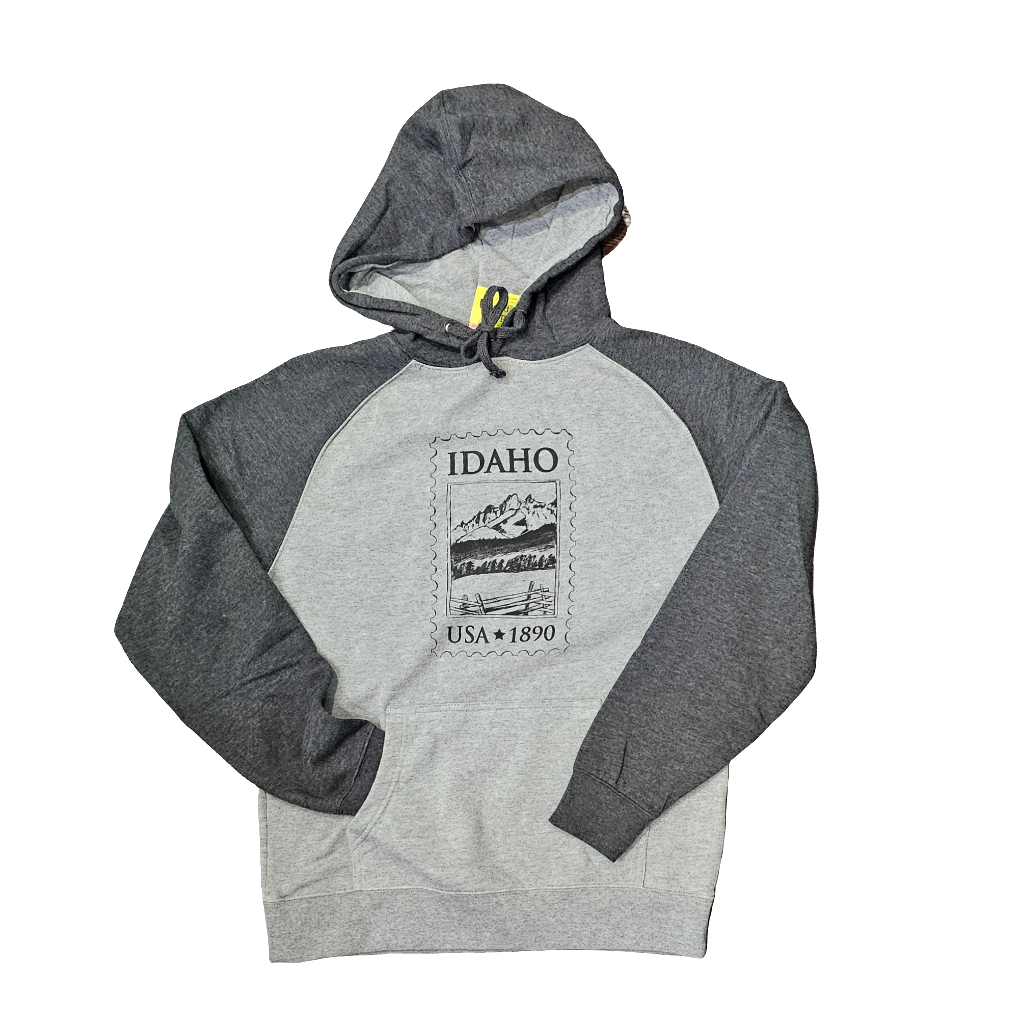 Idaho Postage Stamp Pullover Hoodie, Raglan. Screen Printed, Eco Friendly Waterbased Inks