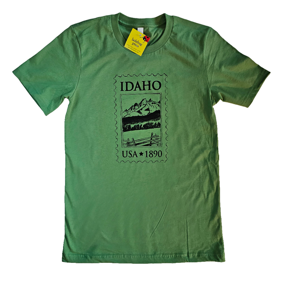 Idaho Stamp Green T-shirt, Adult Sizes, Eco Friendly Waterbased Inks